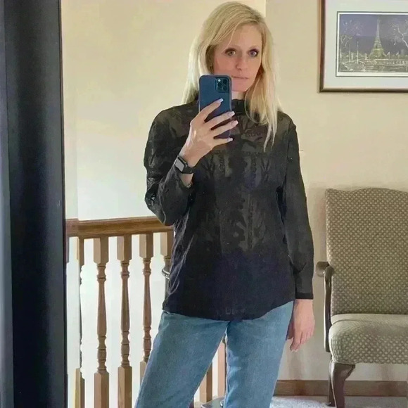 Sundance Dark Brown Sheer Lace Mock Neck Top in a Size Large. - Picture 11 of 12